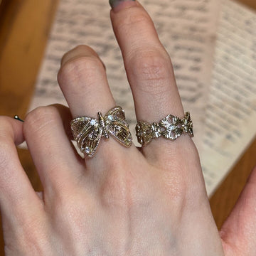 Champagne Gold Filigree Butterfly Open Rings Crystal Set
