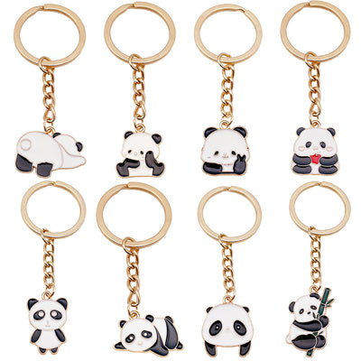 Clean white background catalog view of eight cartoon panda pose keychains