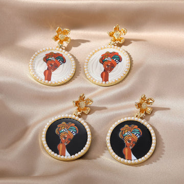 Gold Tone Pearl Trim Round Printed African Woman Post Drop Earrings in Two Colors