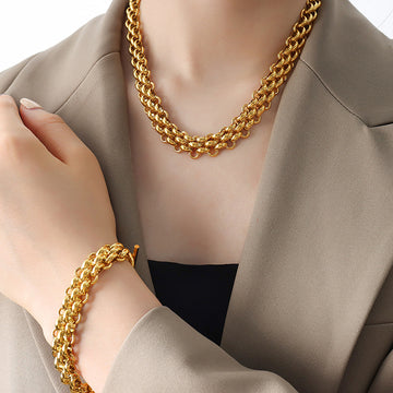 Chunky Woven Chain Necklace And Bracelet OT Toggle Gold Steel