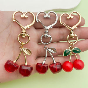 Cherry Keychain Charm with Acrylic Cherries, Heart Clasp or Key Ring Styles
