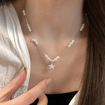 Silver Tone Pearl and Star Layered Pendant Necklace