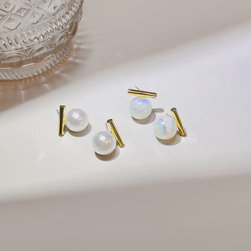 Gold Bar White Pearl Minimal Asymmetric Stud Earrings