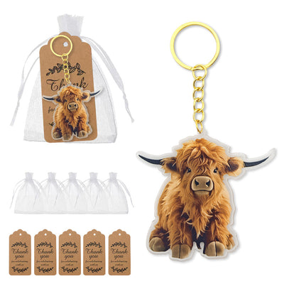 Packaging overview shows the Highland cow acrylic keychain with an organza bag and kraft tags.
