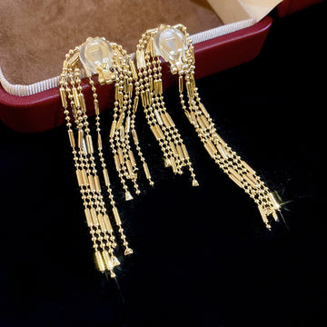 Crystal Waterfall Tassel Clip On Earrings With Polished Metal Details