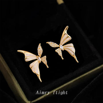 Gold Butterfly Stud Earrings White Enamel Wings CZ Accents