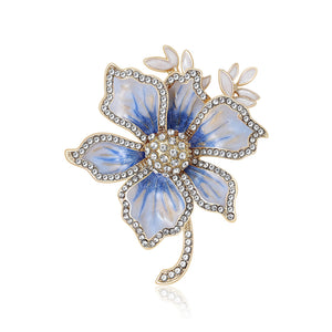 Gold-Tone Double Flower Enamel Rhinestone Brooch with Pin Back