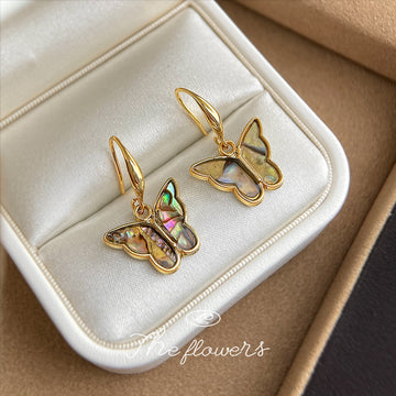 Gold Tone Iridescent Shell Butterfly Hook Earrings For Women