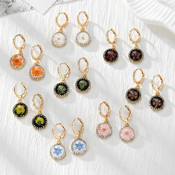 Gold Tone Rhinestone Round Pressed Flower Huggie Earrings in Nine Options