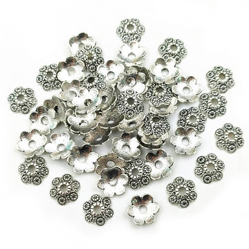 Antique Silver Tone Small Flower Shaped Metal Bead Caps
