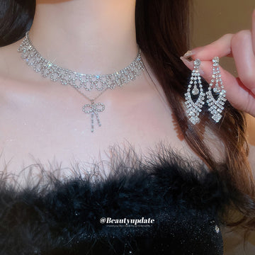 Silver Rhinestone Scallop Necklace Earring Set Bow Pendant