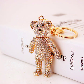 Gold Tone Rhinestone Teddy Bear Keychain With Articulated Limbs