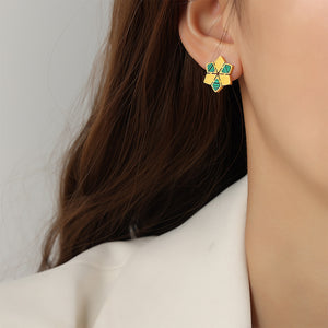 Gold Six-Point Flower Stud Earrings Crystal Turquoise Shell
