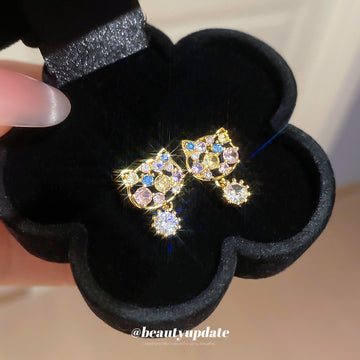 Gold Tone Pastel Crystal Cat Drop Stud Earrings Decorative Jewelry