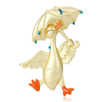 Umbrella Duck Brooch in Polished Gold or Silver Tone