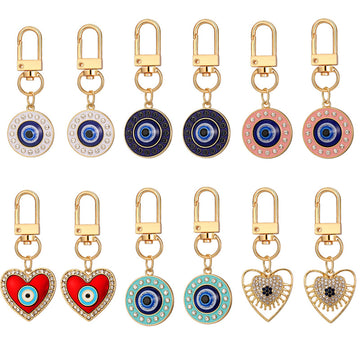 Twelve Piece Gold Tone Heart and Round Evil Eye Clip Keychain Set