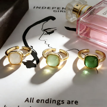 Gold Tone Square Glass Cabochon Adjustable Open Rings