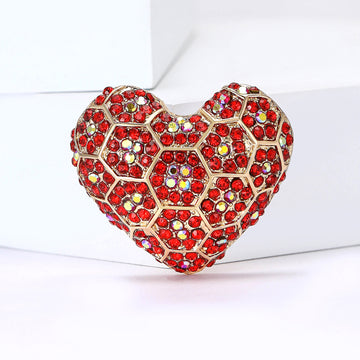 Red Crystal Honeycomb Heart Brooch Gold Tone Pavé Rhinestones