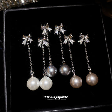 Crystal Bow Chain Earrings With Pearl Drops in Three Colors