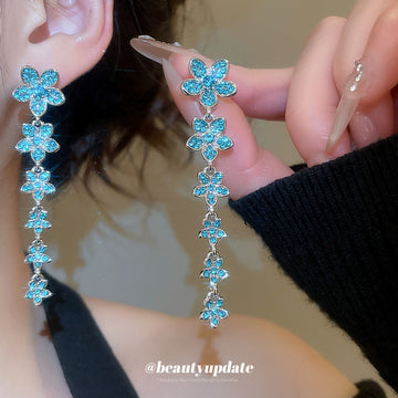 Blue Floral Crystal Long Drop Earrings For Distinctive Statement Styling