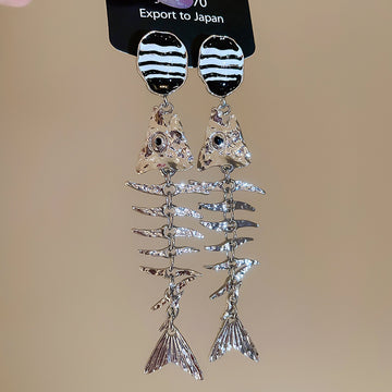 Silver Fish Skeleton Drop Earrings with Black Striped Studs