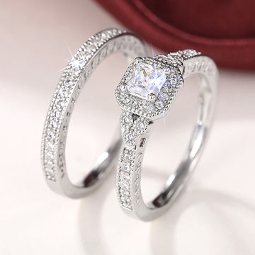 Square Halo Two-Ring Set In Black Or Clear Center Stones
