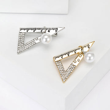 Crystal Set Square Ruler Brooch With Pearl Drop in Two Tones
