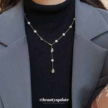 Gray and White Beaded Y Drop Necklace With Teardrop Pendant