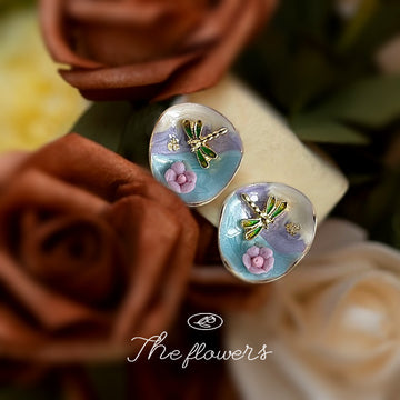 Enamel Dragonfly Stud Earrings Pink Flower Blue Scene