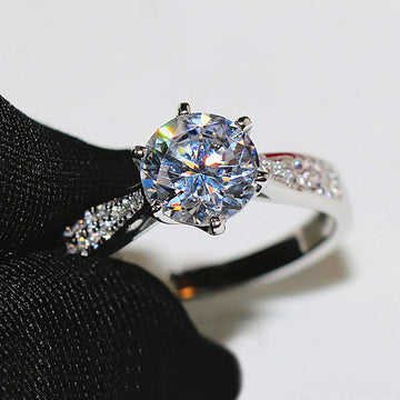 Silver Tone Six Prong Round Solitaire Pavé Ring Sizes 6-10
