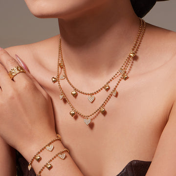 Heart Zircon Ball Chain Necklace Bracelet Earring Set