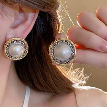 Antique Gold Round Stud Earrings with Pearl Look Centers