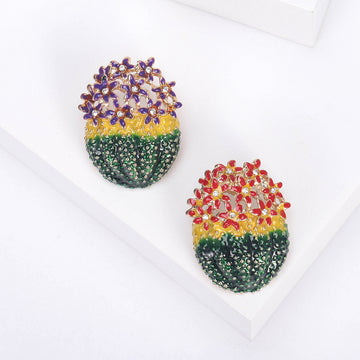 Enamel Cactus Flower Brooch Red Purple Bloom Gold Tone Pin