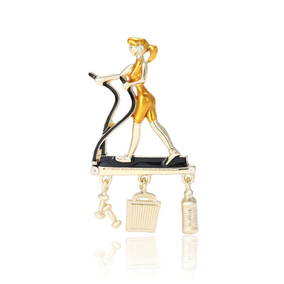 enamel walking woman brooch with charm tassels dangle pin isolated on a white background