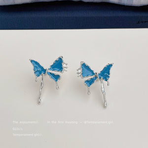 Silver Tone Blue Enamel Butterfly Stud Earrings Drip Edges