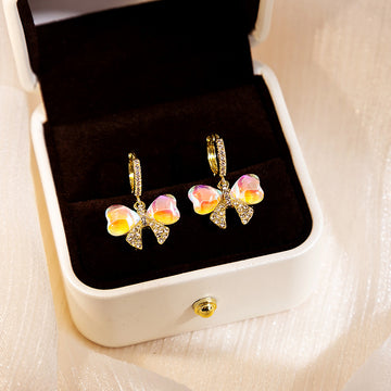 Pink Iridescent Butterfly Gold Tone Small Huggie Earrings