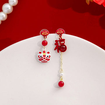 Red Lion Dance Fu Charm Asymmetric Drop Earrings Pearls