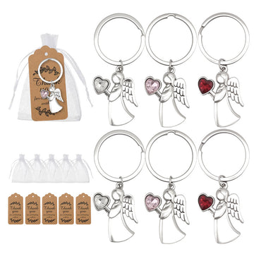 Silver Angel Heart Rhinestone Keychain Clear Pink Red