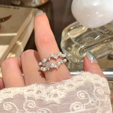 Silver Open Double Band Pearl Crystal Adjustable Ring