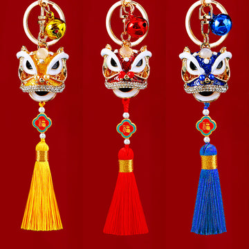Crystal Lion Dance Head Keychains with Tassel and Plain Constructions
