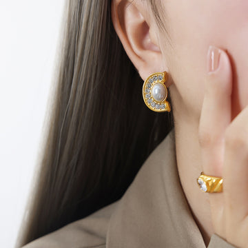 C-Shape Rhinestone Pearl Stud Earrings Gold Steel Tones