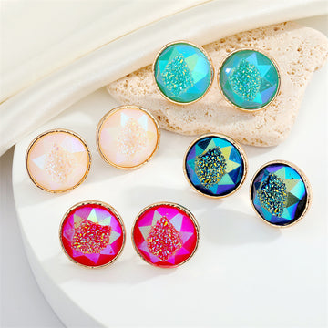 Gold Tone Round Faceted Druzy Resin Stud Earrings in Four Colors