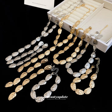 Hammered Oval Disc Necklace Bracelet Drop Earrings Nine Styles