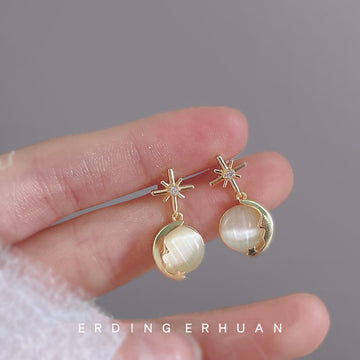 Gold Star Stud Cats Eye Crescent Moon Drop Earrings