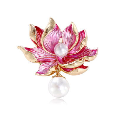 Front product view of the lotus brooch pin in pink and gold