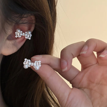 Pearl Bow Curved Crystal Ear Cuff Statement Jewelry