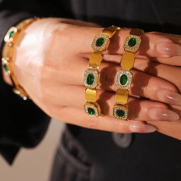 Gold Hinged Bangle Green Stone Zircon Glass Settings