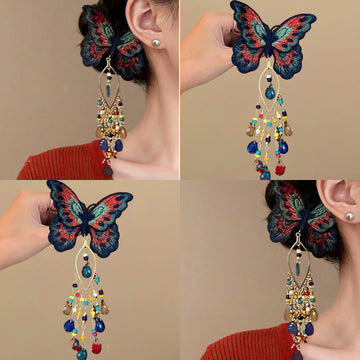 Embroidered Butterfly Multicolor Crystal Tassel Hair Clip