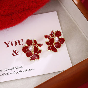 Red Enamel Look Flower Pearl Look Small Stud Earrings
