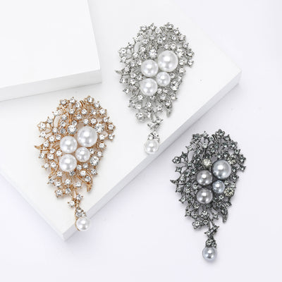 Pearl Crystal Leaf Drop Brooch isolated front view